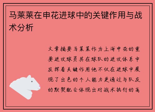 马莱莱在申花进球中的关键作用与战术分析