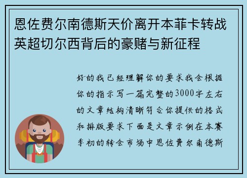 恩佐费尔南德斯天价离开本菲卡转战英超切尔西背后的豪赌与新征程