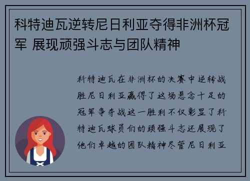 科特迪瓦逆转尼日利亚夺得非洲杯冠军 展现顽强斗志与团队精神